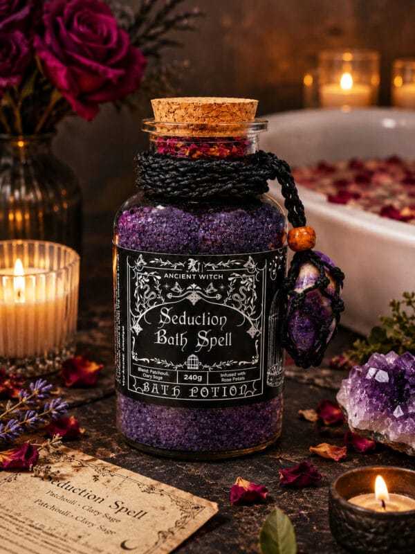 Seduction Bath Ritual jar amid rose petals, amethyst cluster, candle and seduction spell parchment by a tub.