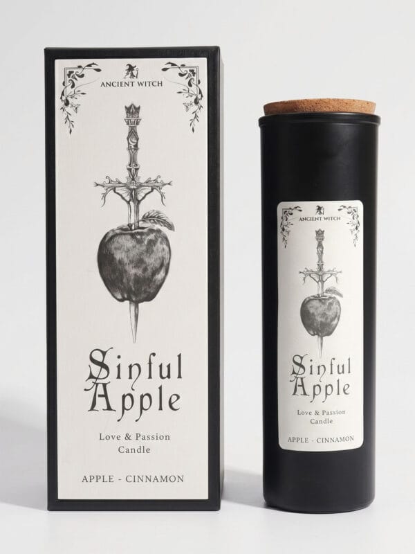 Sinful Apple ritual candle and box with apple-and-dagger illustration.