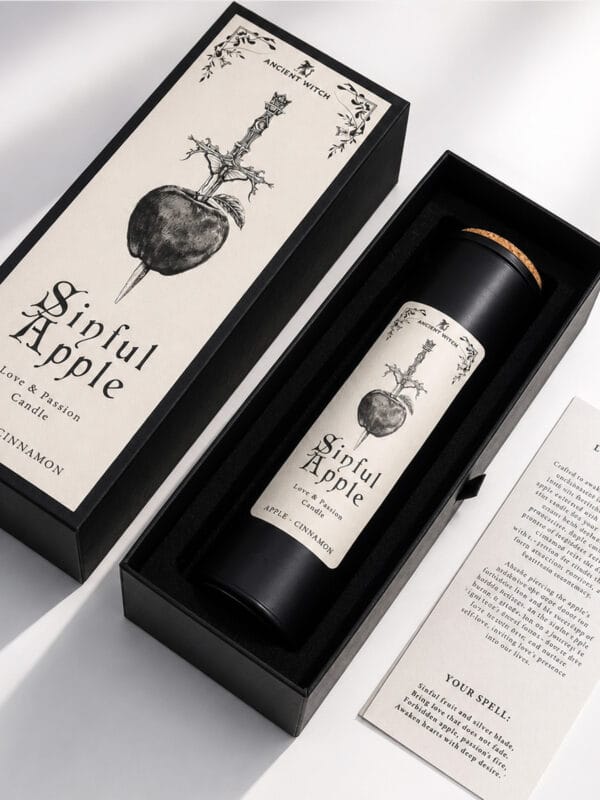 Open Sinful Apple candle box revealing candle in foam insert, with illustrated lid and spell card.