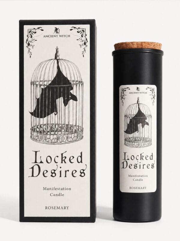 Locked Desires rosemary candle and box featuring a birdcage illustration.