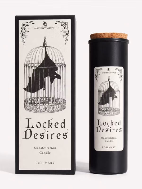 Locked Desires rosemary candle and box featuring a birdcage illustration.