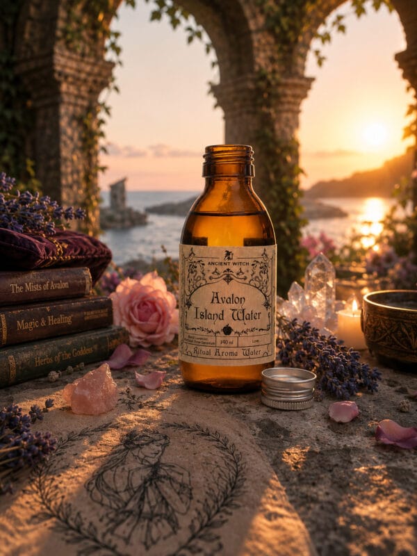 Avalon Island ritual water bottle on a stone altar with crystals, herbs and sea arches at sunset.