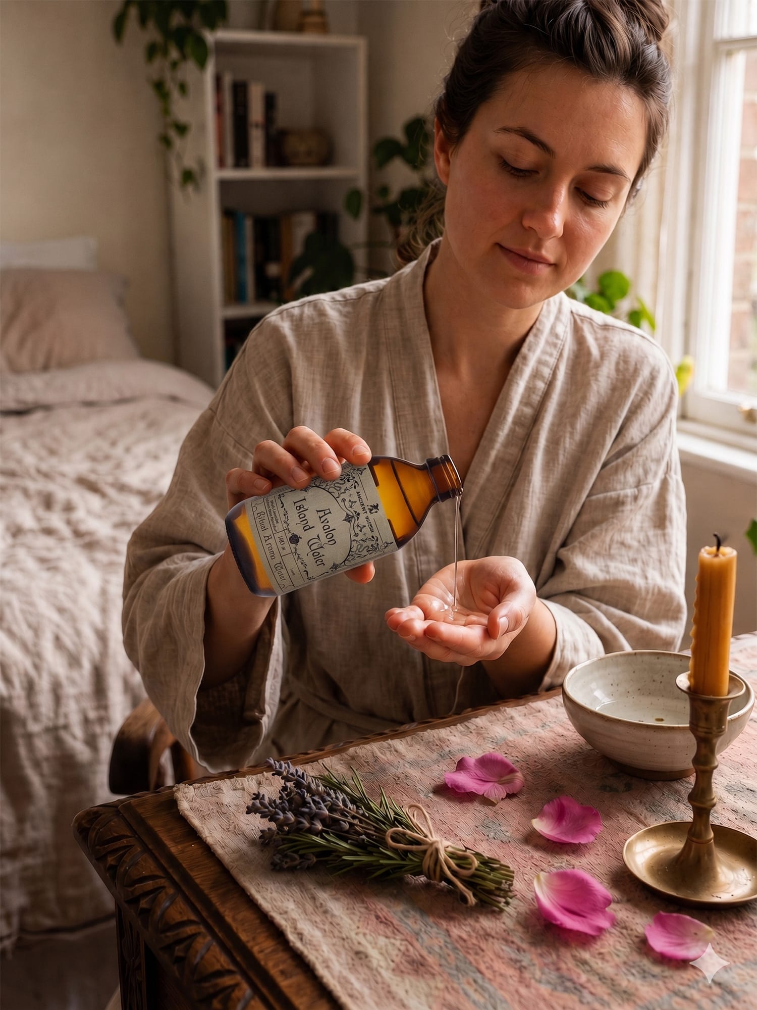 Woman pours Avalon Island ritual water into her hand beside lavender sprigs and rose petals.
