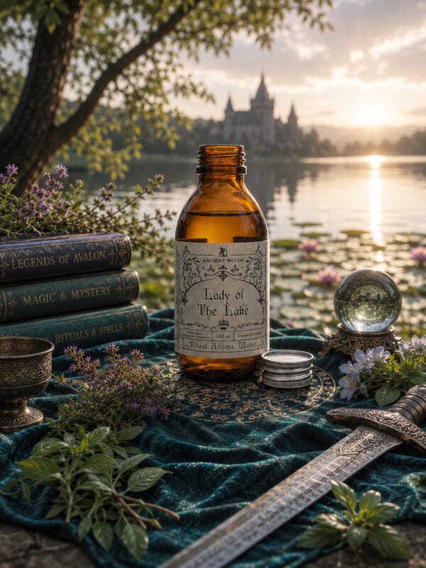 Lady of the Lake ritual water bottle amid herbs, a crystal ball and dagger with castle reflected in a lake at sunset.