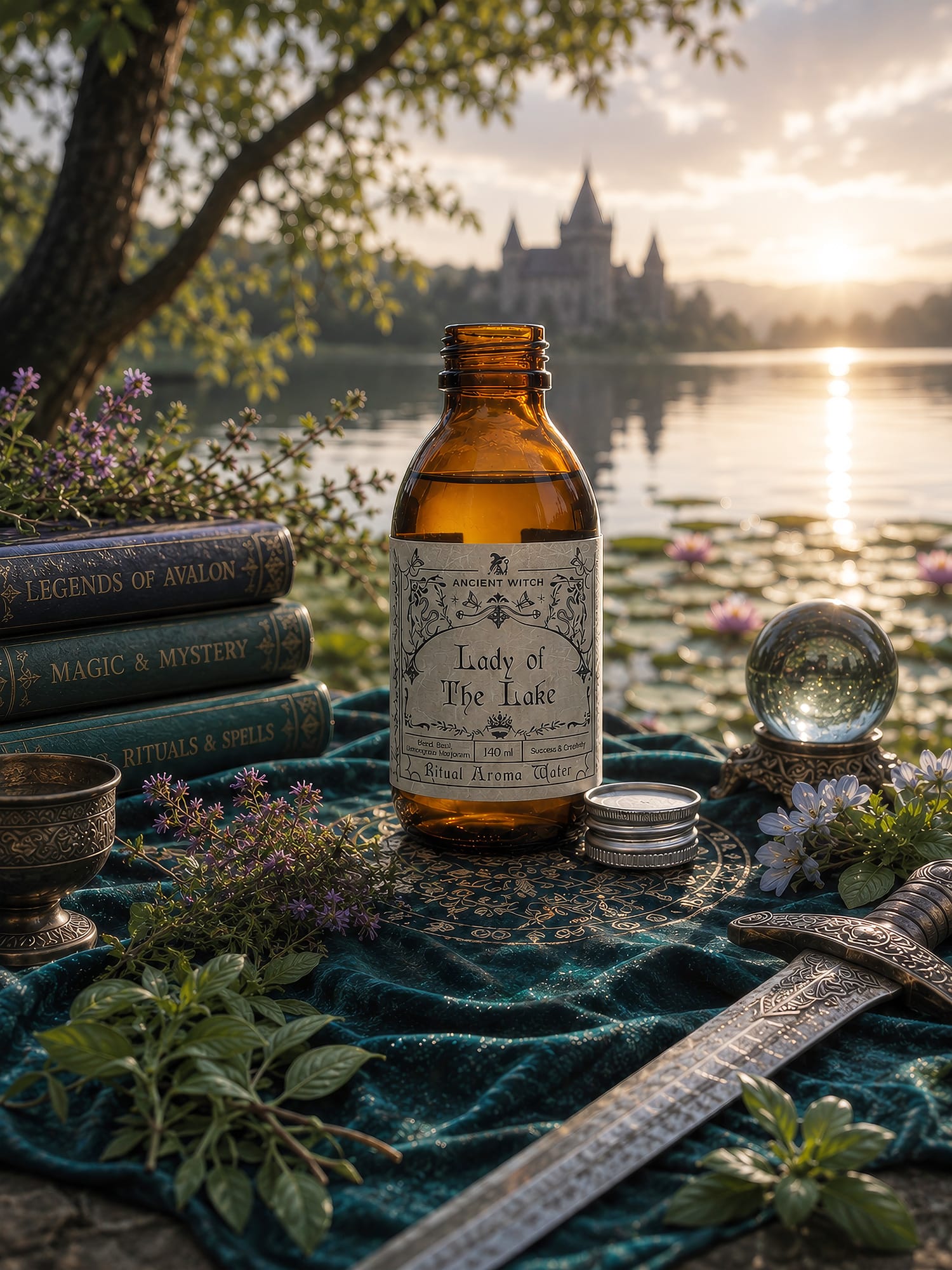 Lady of the Lake ritual water bottle amid herbs, a crystal ball and dagger with castle reflected in a lake at sunset.