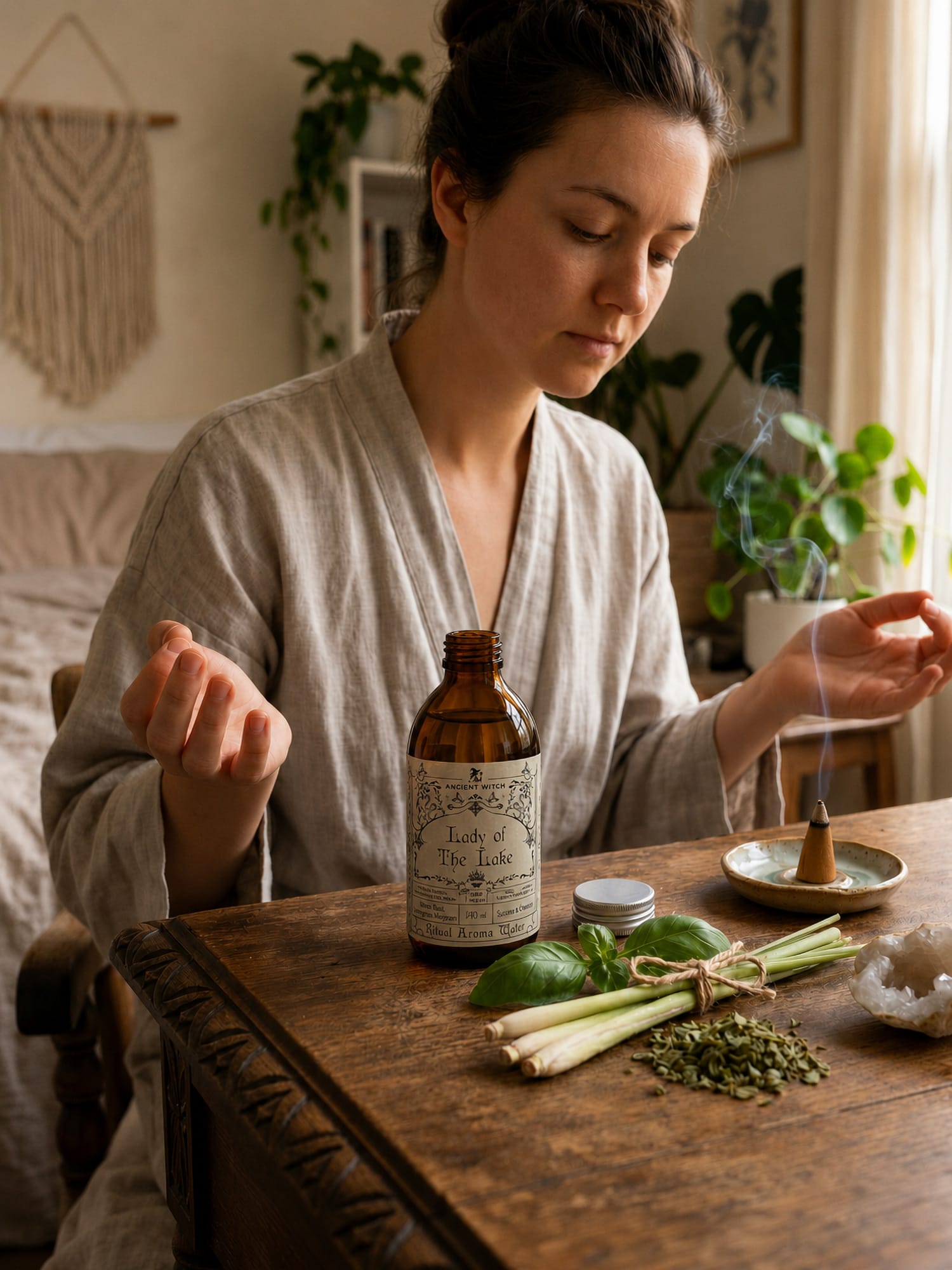 Woman meditates with Lady of the Lake ritual water on a wooden table with lemongrass, basil and incense smoke.