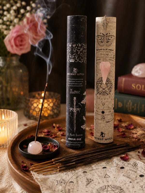 Amour Oud incense kit with burning stick in rose quartz holder and rose petals under warm candlelight.