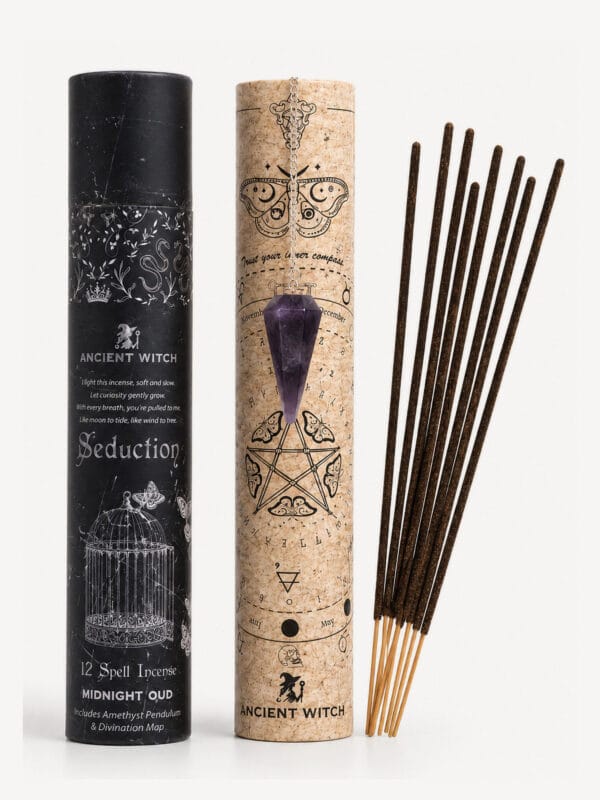 Seduction incense kit with black and cork tubes, amethyst pendulum and incense sticks.