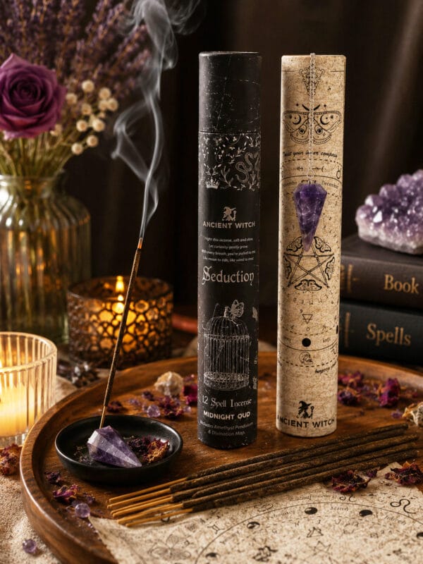 Seduction incense kit with burning stick in amethyst crystal, surrounded by rose petals and candles.