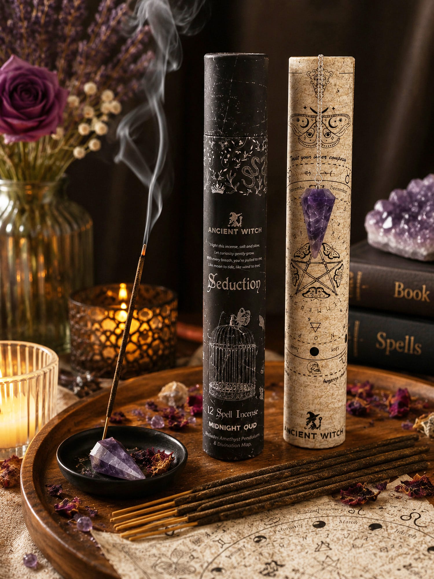 Seduction incense kit with burning stick in amethyst crystal, surrounded by rose petals and candles.