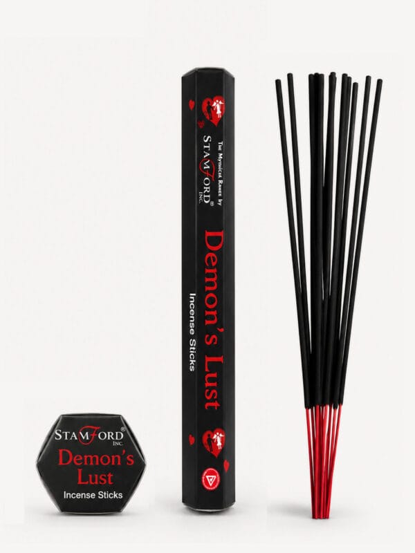 Demon's Lust incense sticks with black packaging and red-tipped sticks.