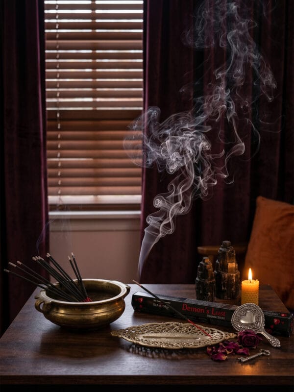 Burning Demon's Lust incense in brass bowl with smoke curling by candle, crystals and dried roses.