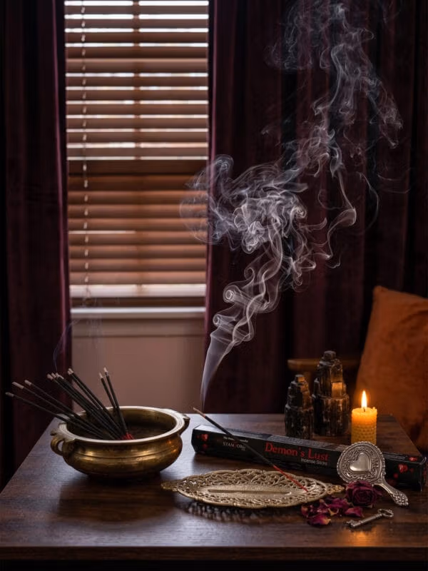 Burning Demon's Lust incense in brass bowl with smoke curling by candle, crystals and dried roses.