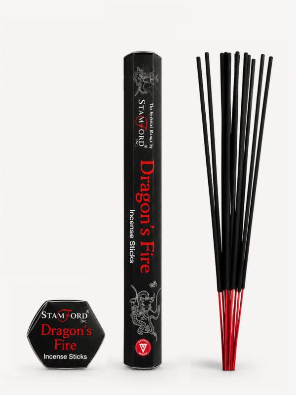 Dragon's Fire incense sticks with black tube, dragon design and red-tipped sticks.
