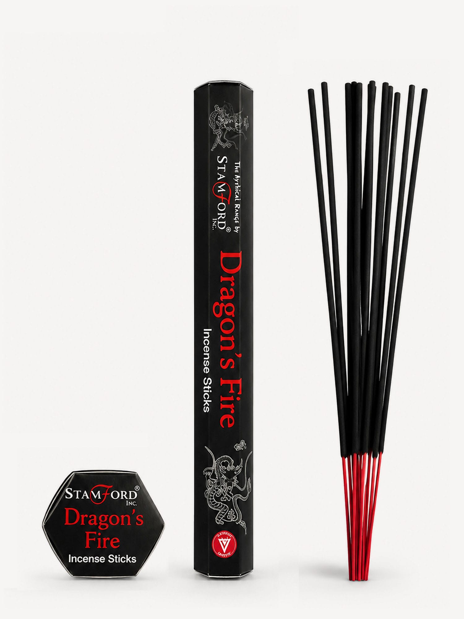Dragon's Fire incense sticks with black tube, dragon design and red-tipped sticks.