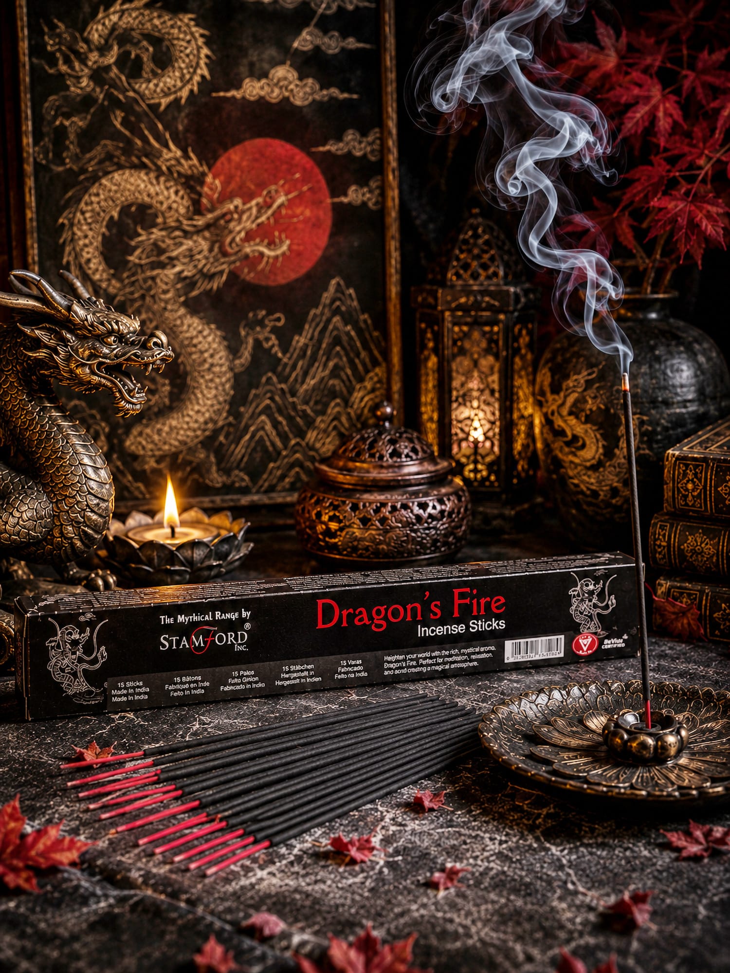 Dragon's Fire incense with lotus holder, swirling smoke, dragon artwork and red maple leaves.