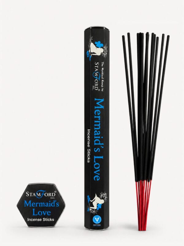 Mermaid's Love incense sticks with black tube featuring a mermaid silhouette and red-tipped sticks.