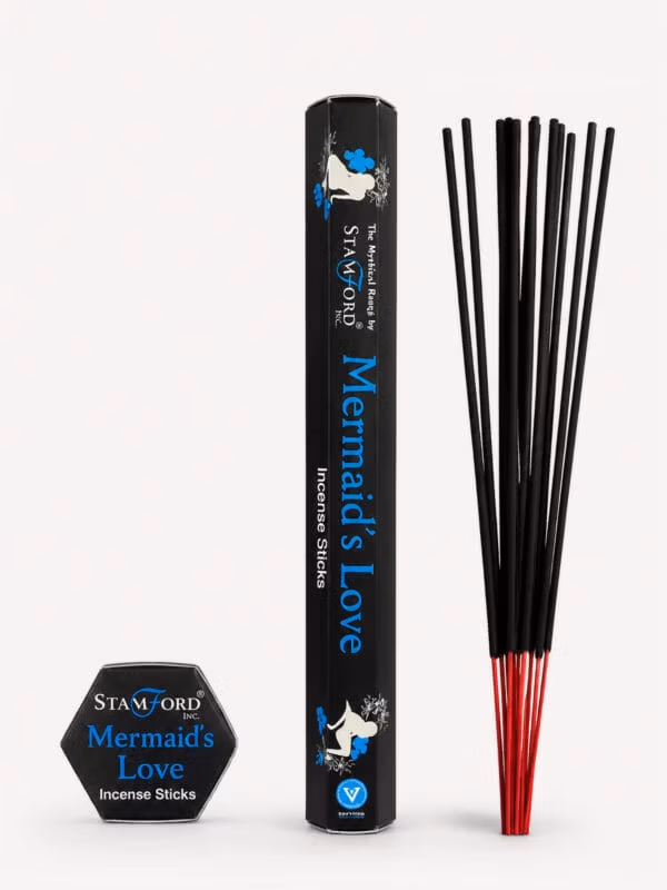 Mermaid's Love incense sticks with black tube featuring a mermaid silhouette and red-tipped sticks.