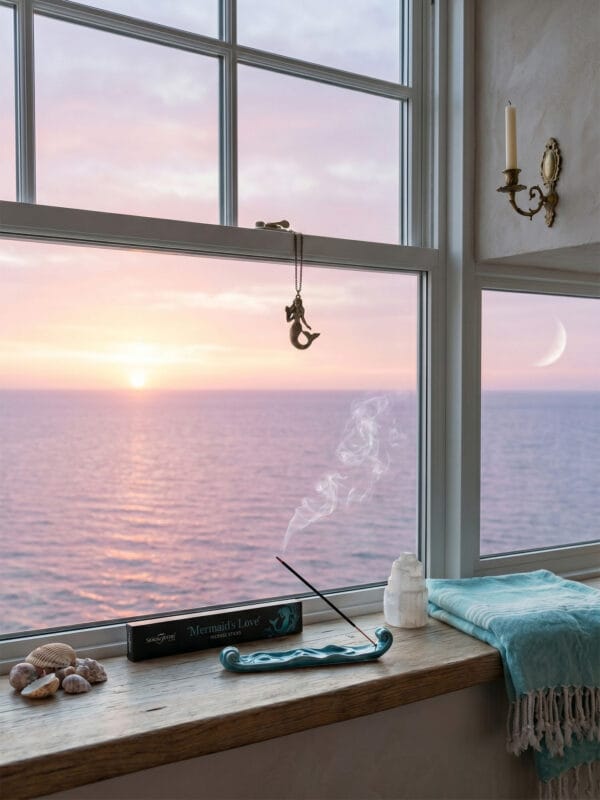 Mermaid's Love incense burning in turquoise holder on windowsill with seashells and ocean sunset.
