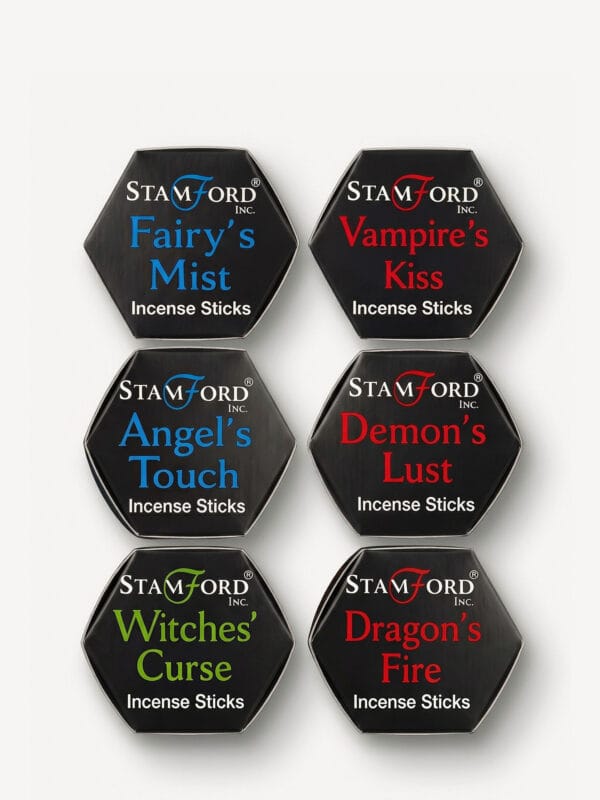 Six incense lids showing Fairy's Mist, Vampire's Kiss, Angel's Touch, Demon's Lust, Witches' Curse and Dragon's Fire.