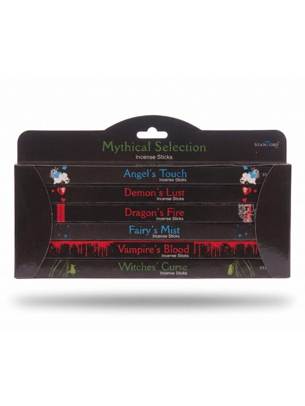Mythical Selection incense pack with six labelled boxes like Angel's Touch, Demon's Lust and Dragon's Fire.