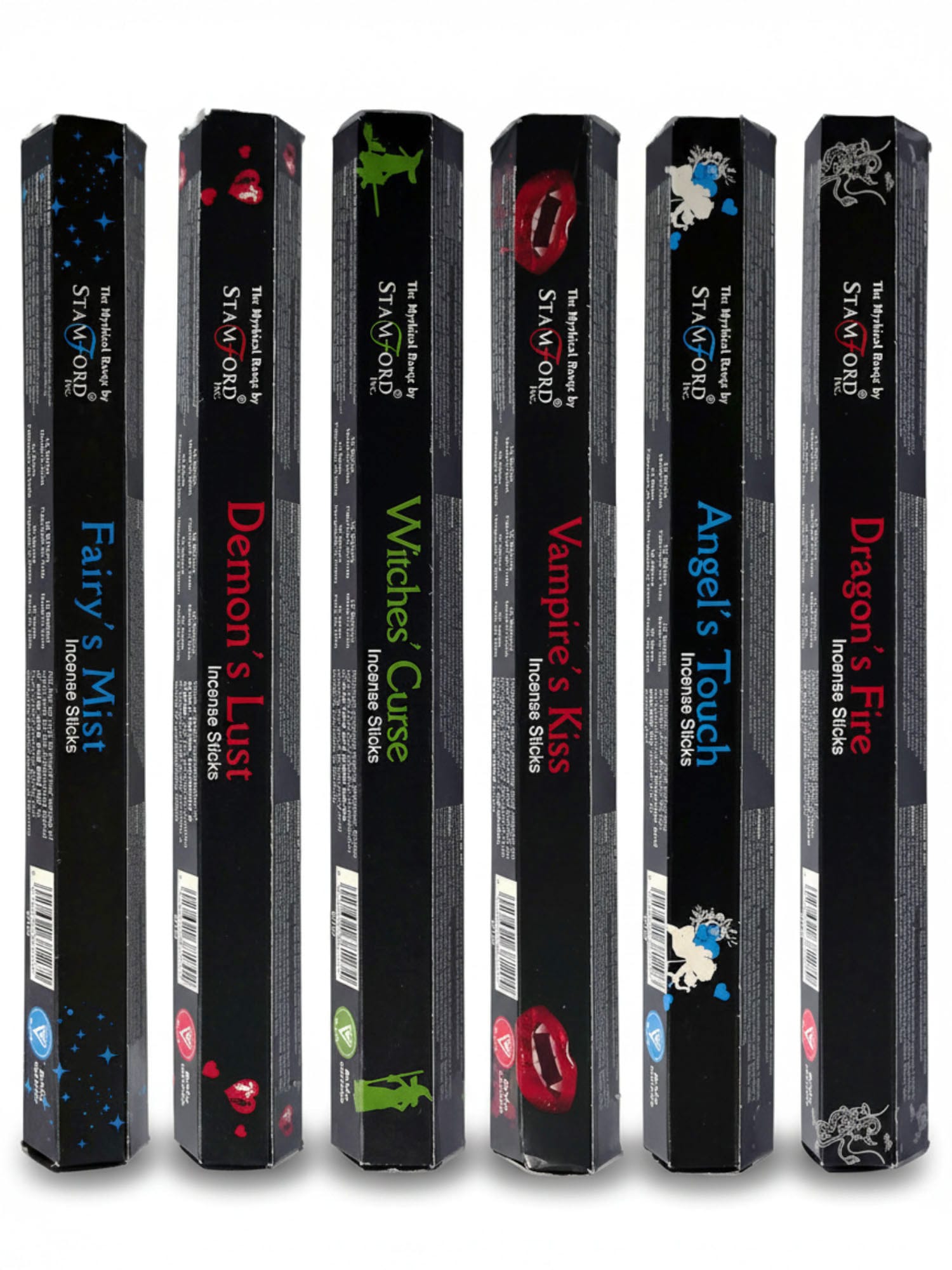 Six black hexagonal incense tubes featuring icons such as stars, hearts, witch silhouette, red lips, cherub and dragon.