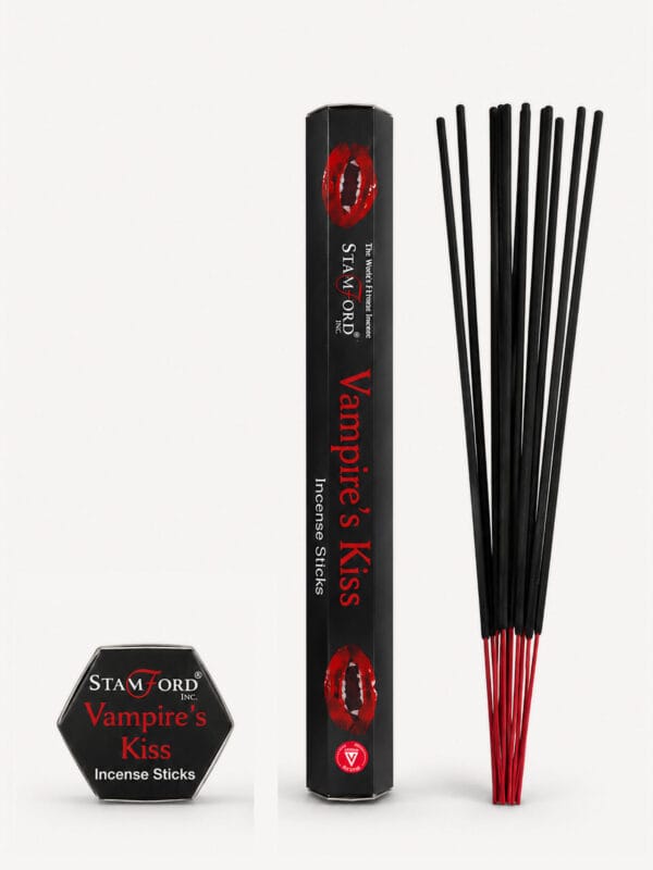 Vampire's Kiss incense sticks with black tube featuring red lips and red-tipped sticks.