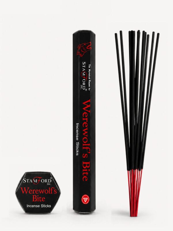 Werewolf's Bite incense sticks with black tube decorated with red wolf head and red-tipped sticks.