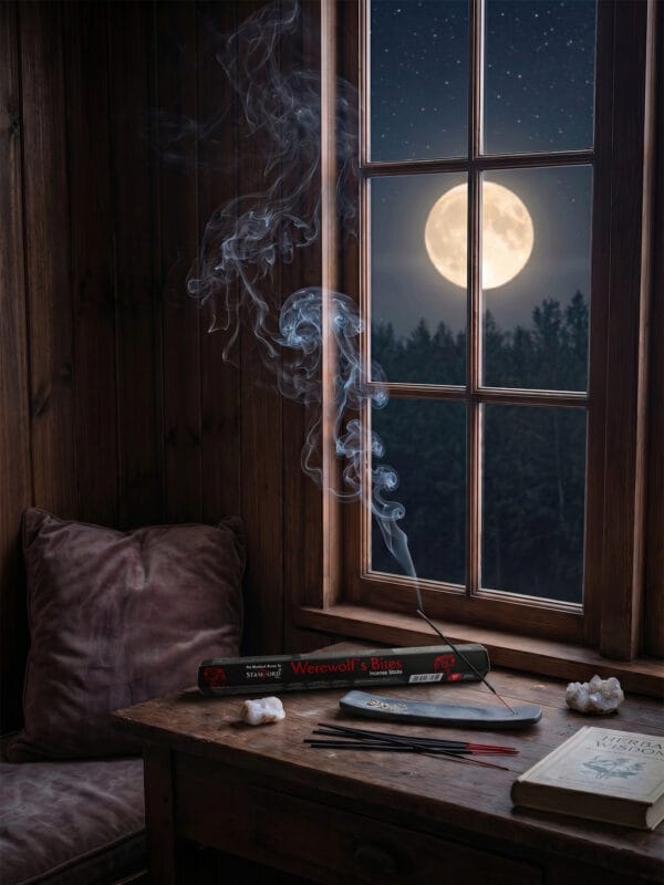 Werewolf's Bite incense burning in rustic cabin window with full moon and cushion bench.