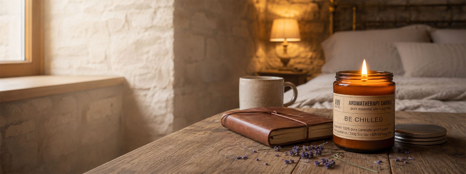 Lavender “Be Chilled” aromatherapy candle glowing beside a journal in a softly lit bedroom