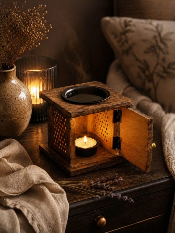 Tree of Life mango wood oil burner with a lit tealight inside, styled on a dark wooden table with lavender and dried stems.