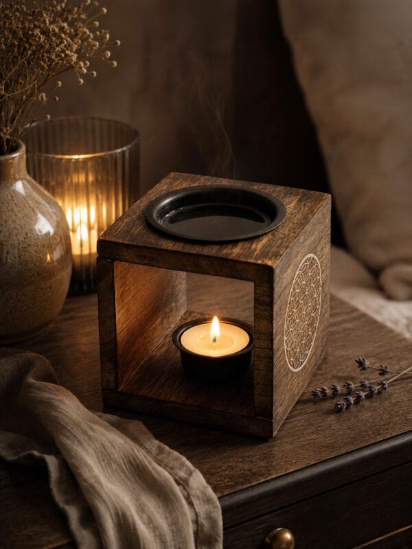 Flower of Life mango wood oil burner with a lit tealight, black top dish and lavender sprigs on a warm wooden table.