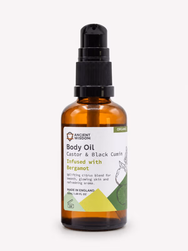 Ancient Wisdom Bergamot Organic Body Oil in a 50ml amber pump bottle on a white background.