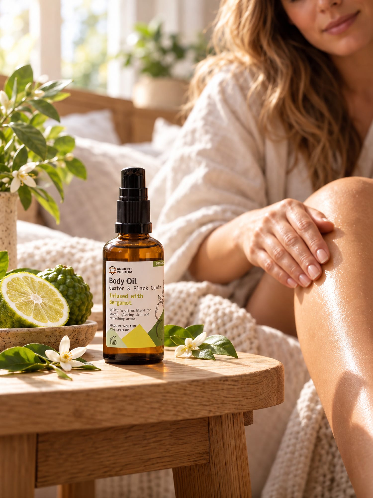 Bergamot Organic Body Oil beside sliced bergamot fruit as a woman massages oil into her leg.