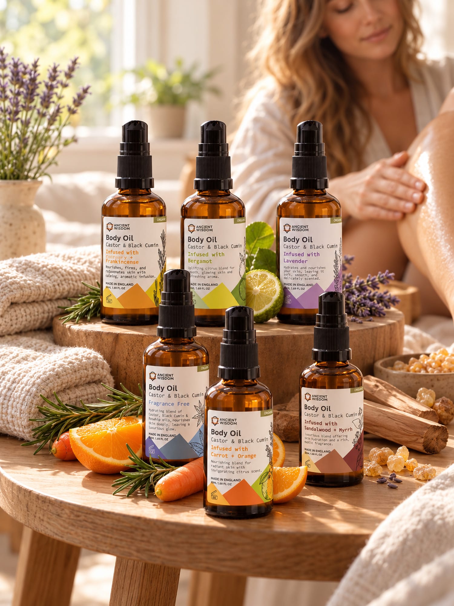 Six Ancient Wisdom organic body oil bottles displayed with citrus, rosemary, lavender and resin beside a woman applying oil.