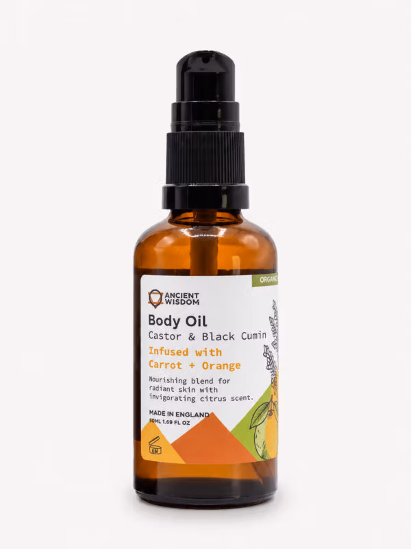 Ancient Wisdom Carrot & Orange Organic Body Oil in a 50ml amber pump bottle on a white background.
