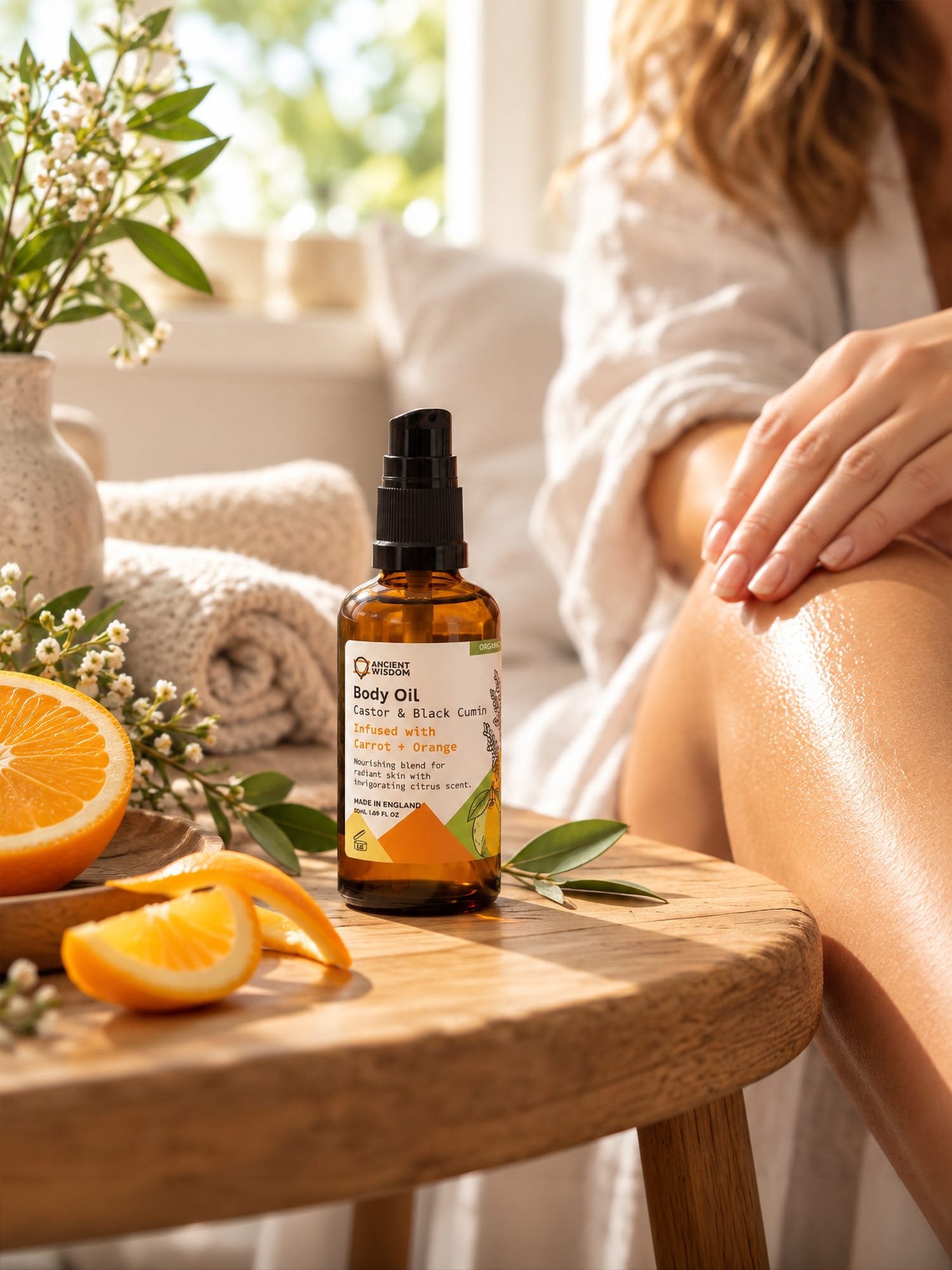 Carrot & Orange Organic Body Oil beside fresh orange slices as a woman massages oil into her leg.