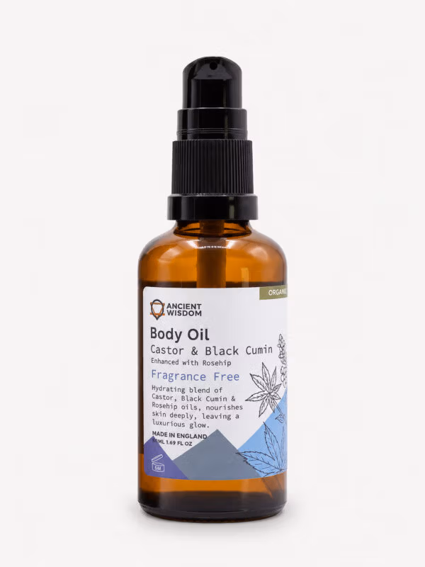 Ancient Wisdom unfragranced Rosehip Organic Body Oil in a 50ml amber pump bottle on a white background.
