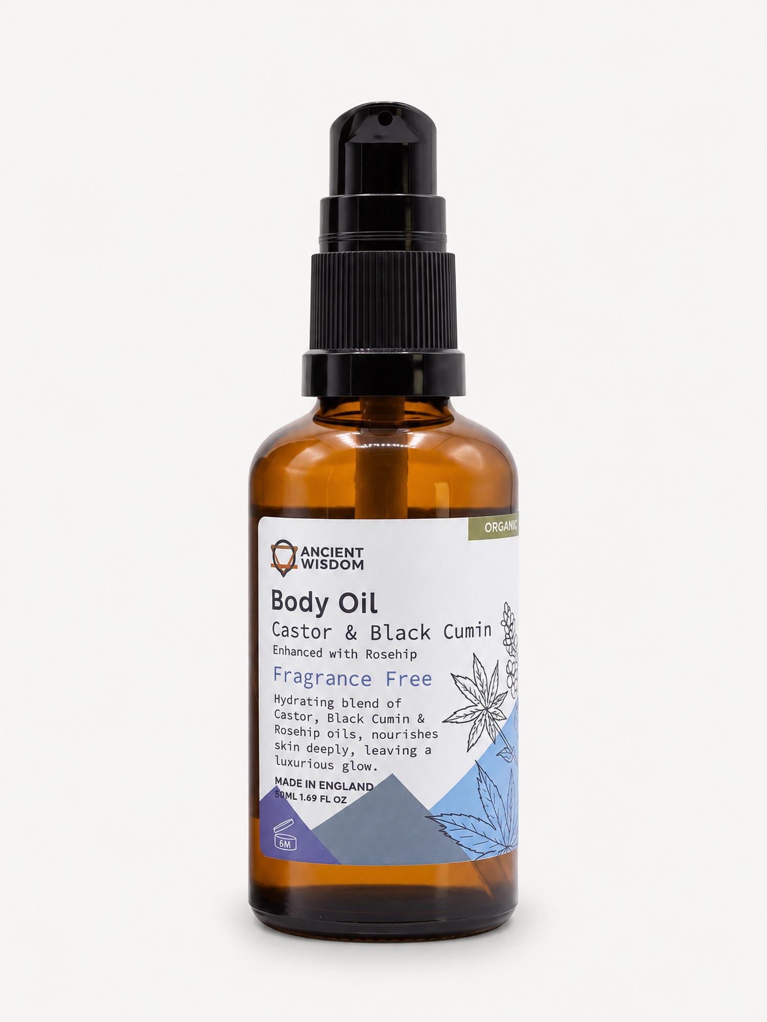 Ancient Wisdom unfragranced Rosehip Organic Body Oil in a 50ml amber pump bottle on a white background.
