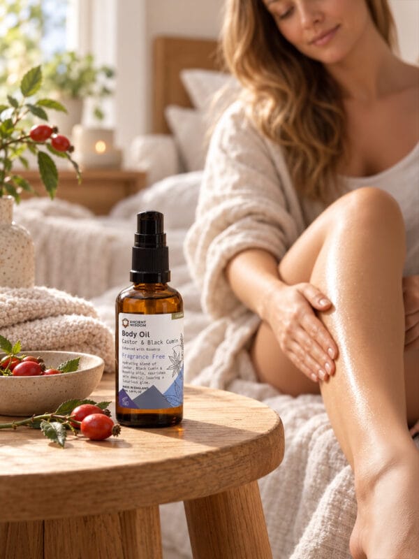 Unfragranced Rosehip Organic Body Oil beside red rosehips as a woman massages oil into her leg.