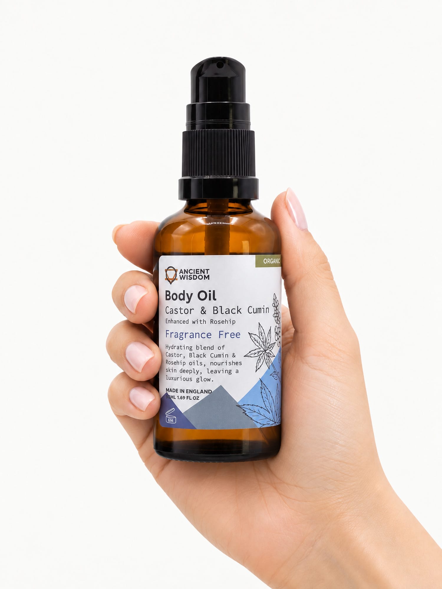 Hand holding the 50ml amber pump bottle of Ancient Wisdom unfragranced Rosehip Organic Body Oil against a white background.