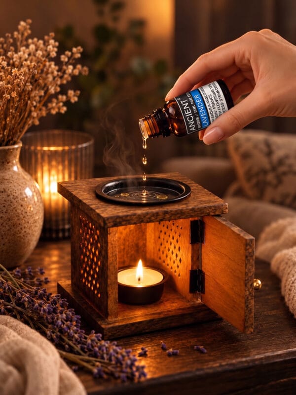 Hand adding drops of French Lavender Essential Oil to a wooden oil burner with a lit tealight and dried lavender.