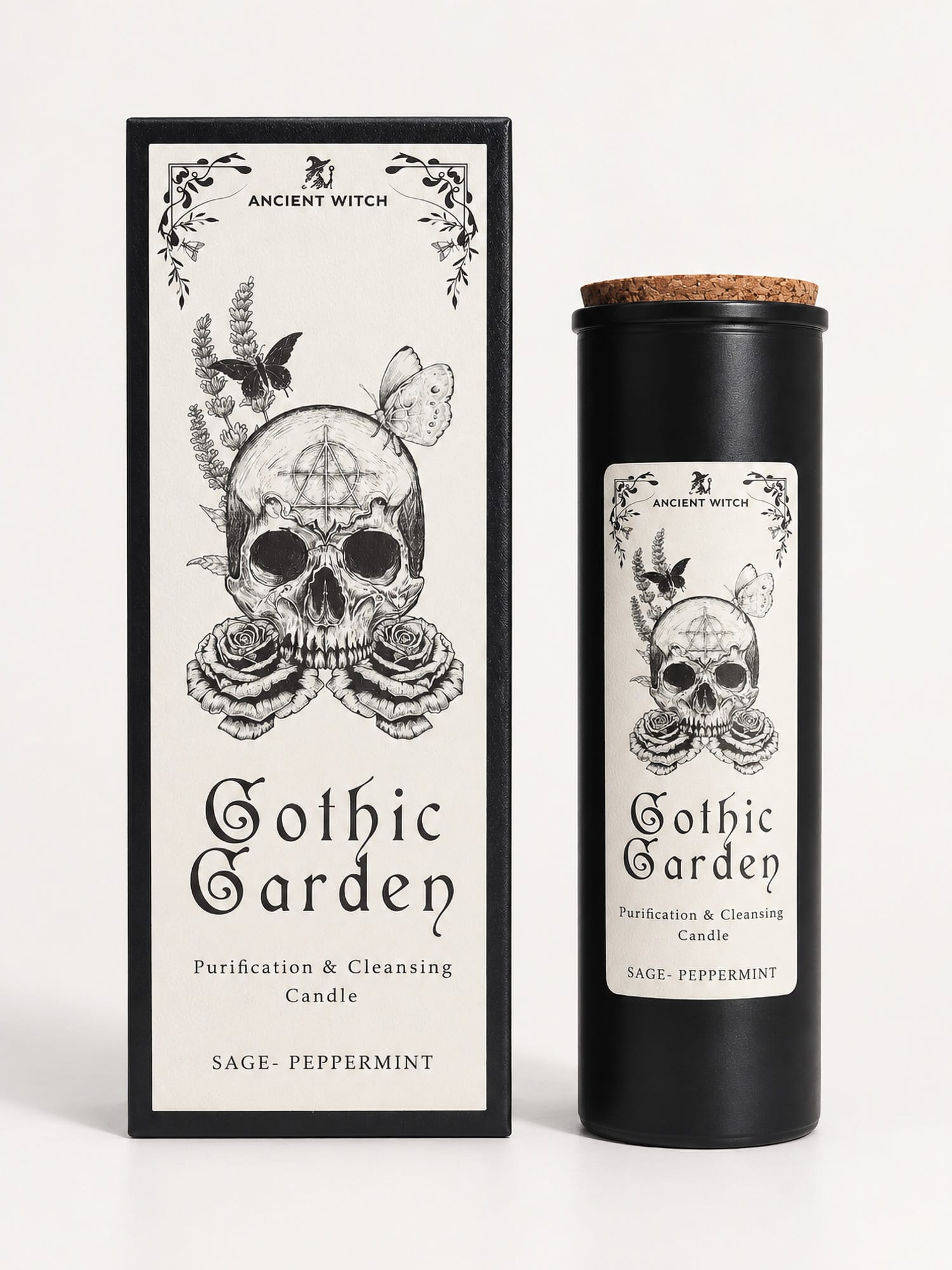 Ancient Witch Gothic Garden sage and peppermint ritual candle in a black glass jar beside its skull-and-rose gift box.