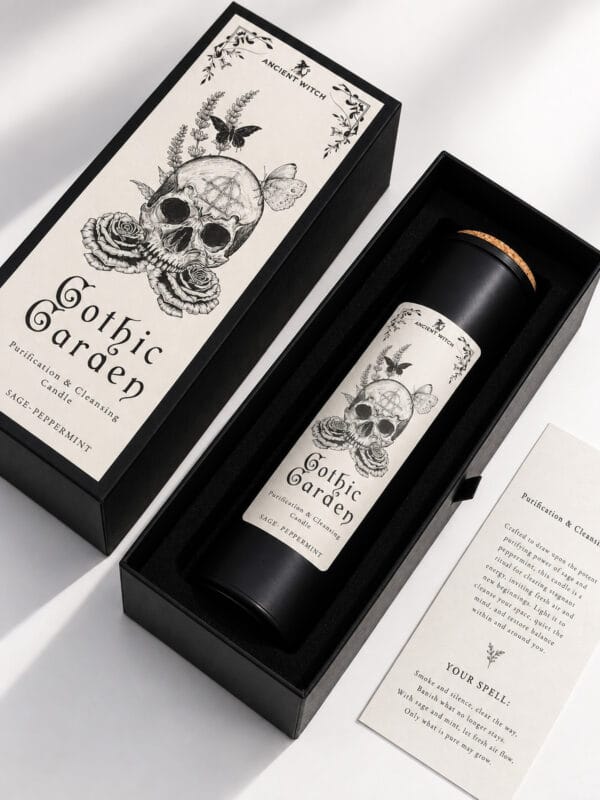 Gothic Garden ritual candle presented inside an open black gift box with the illustrated lid and ritual spell card.