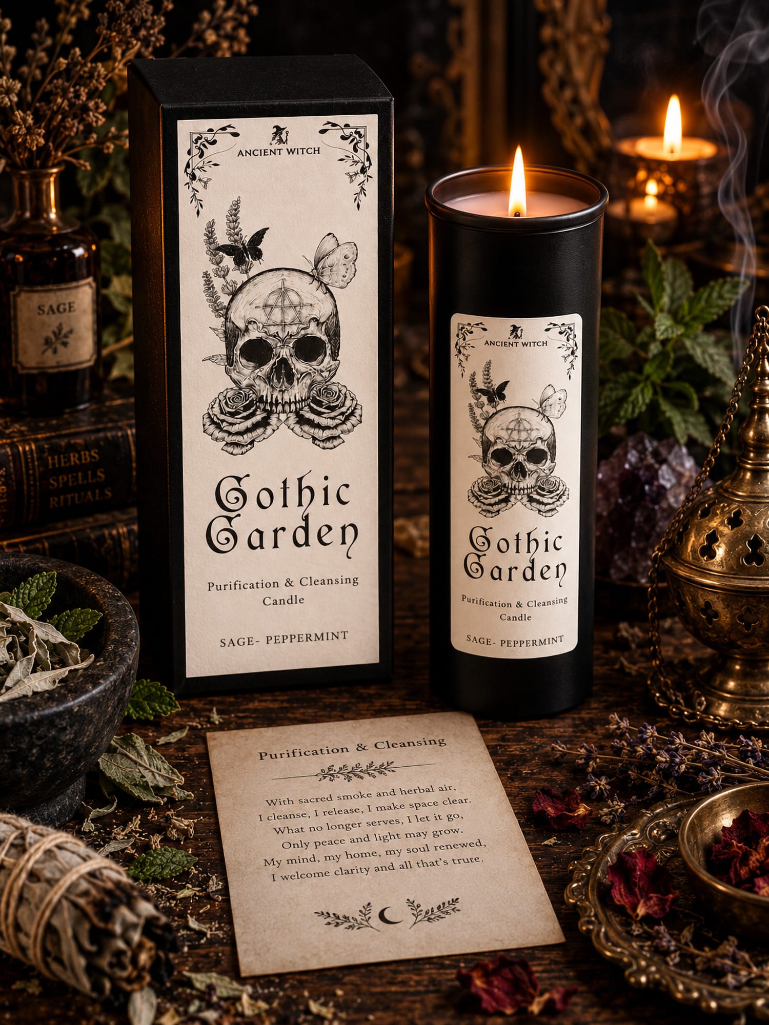 Lit Gothic Garden sage and peppermint ritual candle with its gift box and spell card in a dark setting of herbs, flowers and incense smoke.