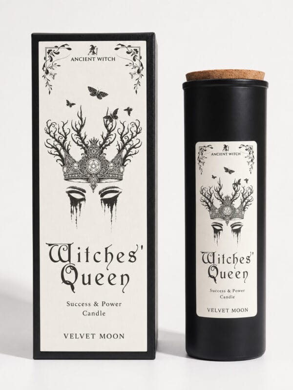 Ancient Witch Witches’ Queen Velvet Moon ritual candle in a black glass jar beside its crown-and-moth gift box.