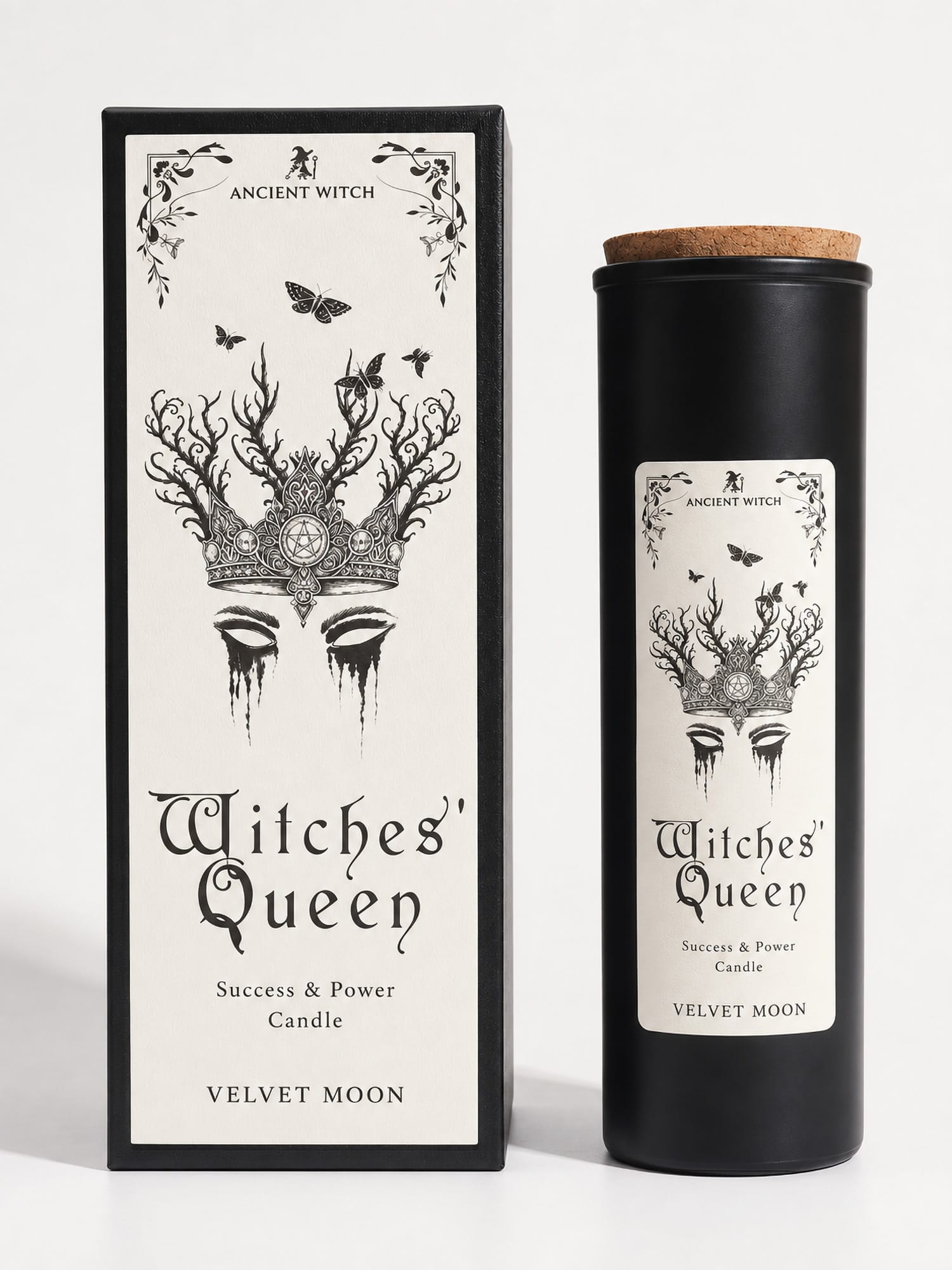 Ancient Witch Witches’ Queen Velvet Moon ritual candle in a black glass jar beside its crown-and-moth gift box.